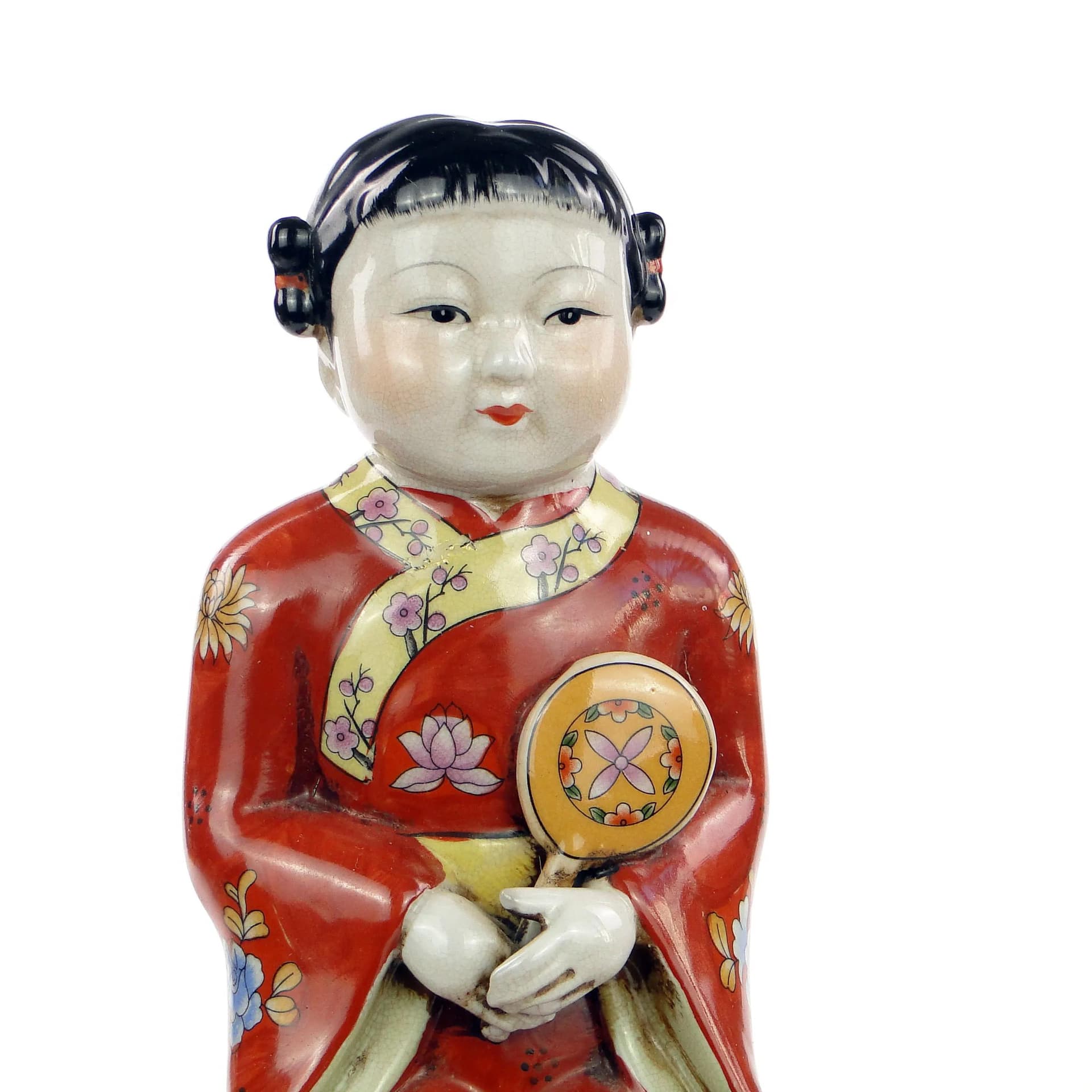 Figura dziewczynki z wachlarzem, ceramika multikolor, Chiny, lata 50. - 34851