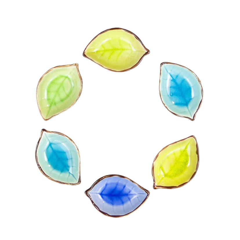 Set of Six Leaf Bowls, Multicolor, Glazed Ceramic, Poland, 1970s