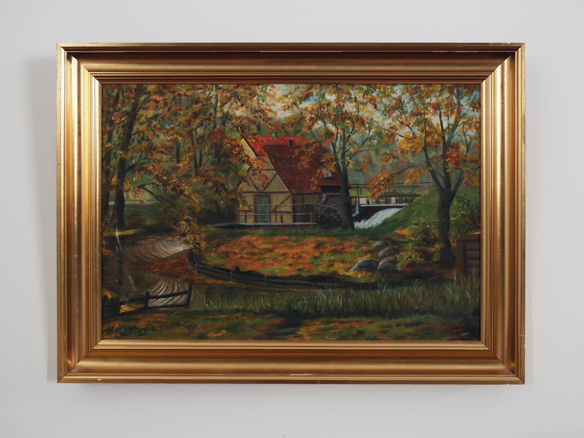 Obraz Leśny młyn, multikolor, olej na płótnie, rama drewno, aut. C. May, Szwecja, lata 70. - 35116