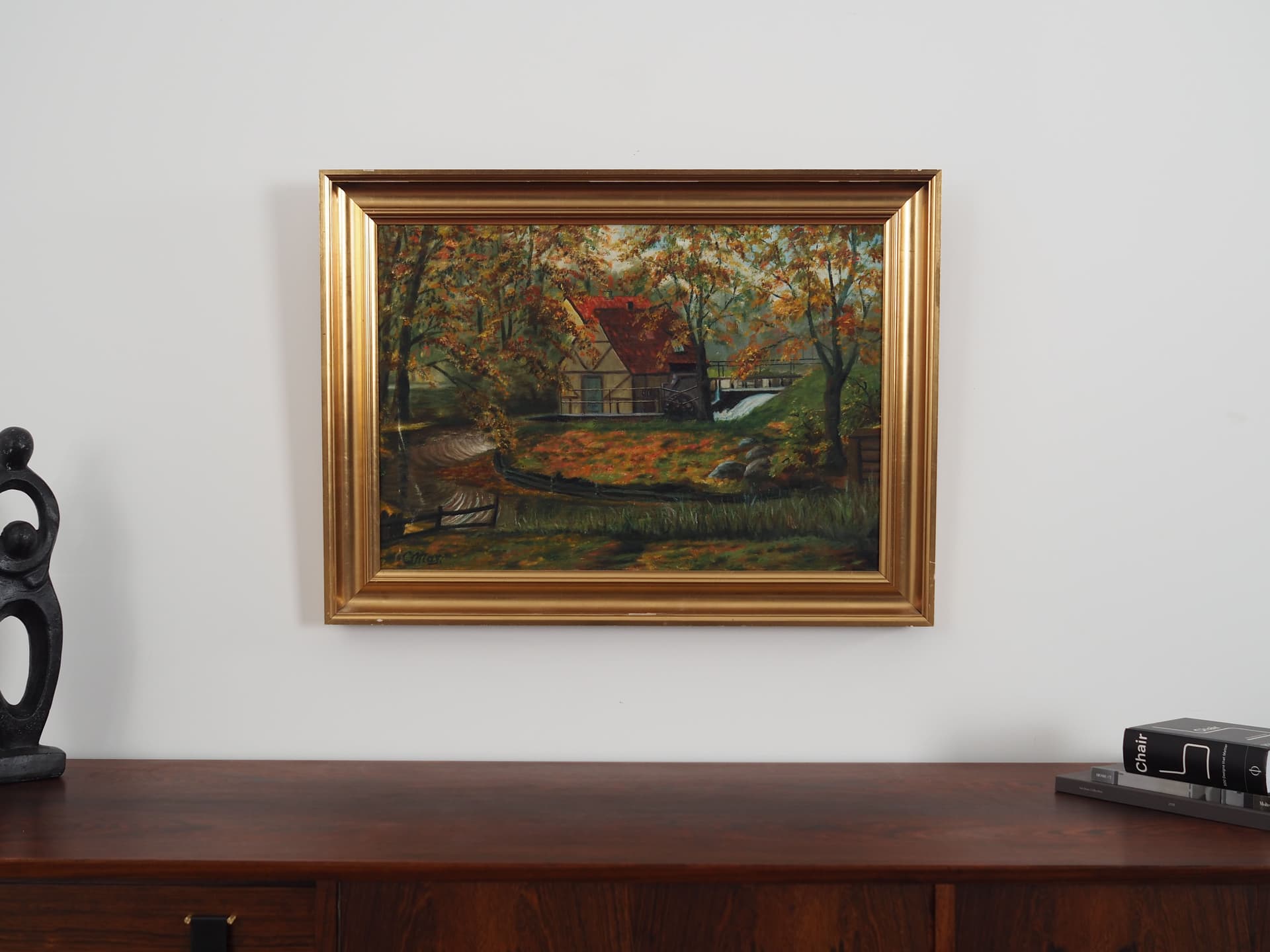 Obraz Leśny młyn, multikolor, olej na płótnie, rama drewno, aut. C. May, Szwecja, lata 70. - 63482