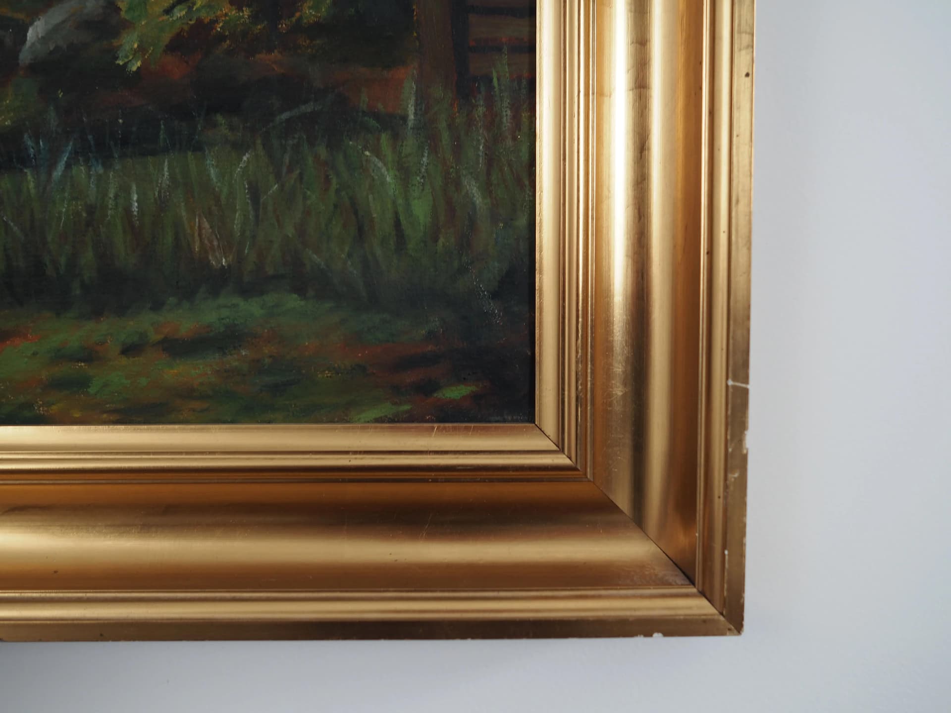 Obraz Leśny młyn, multikolor, olej na płótnie, rama drewno, aut. C. May, Szwecja, lata 70. - 35121