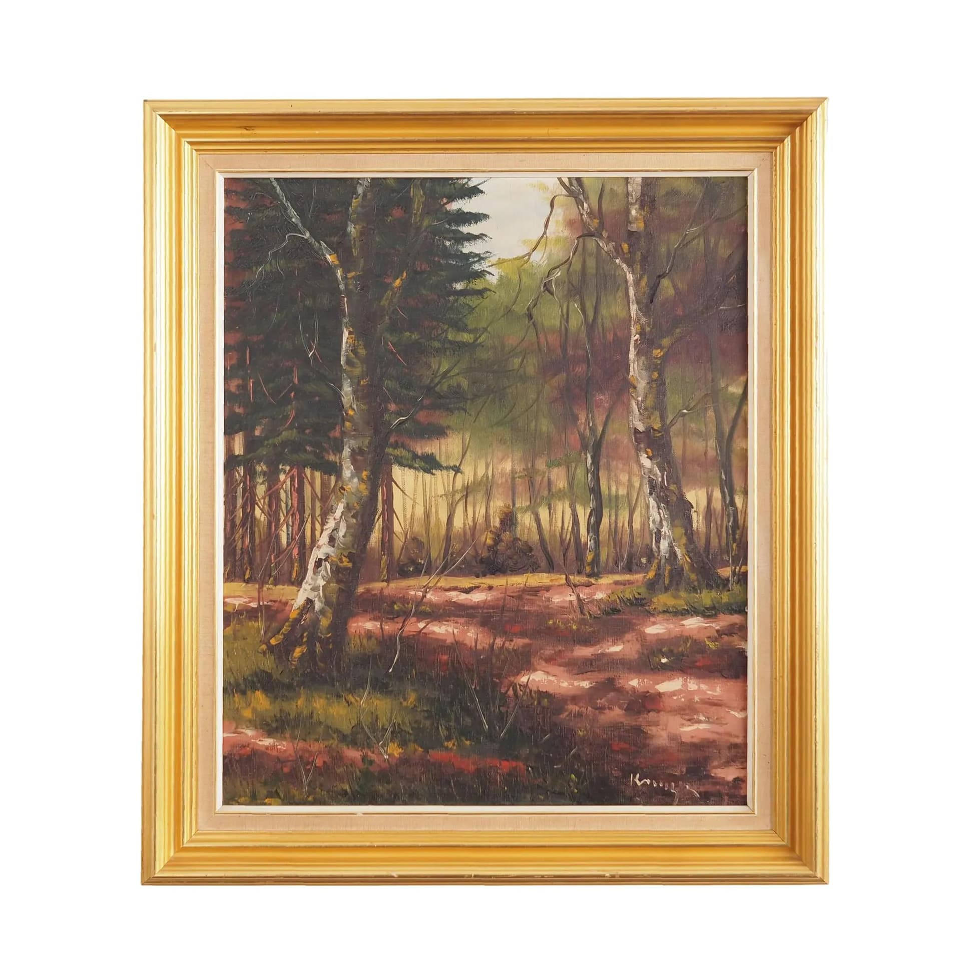 Obraz W głębi lasu, skandynawski, zielony, olej na płótnie, Polska, lata 70.