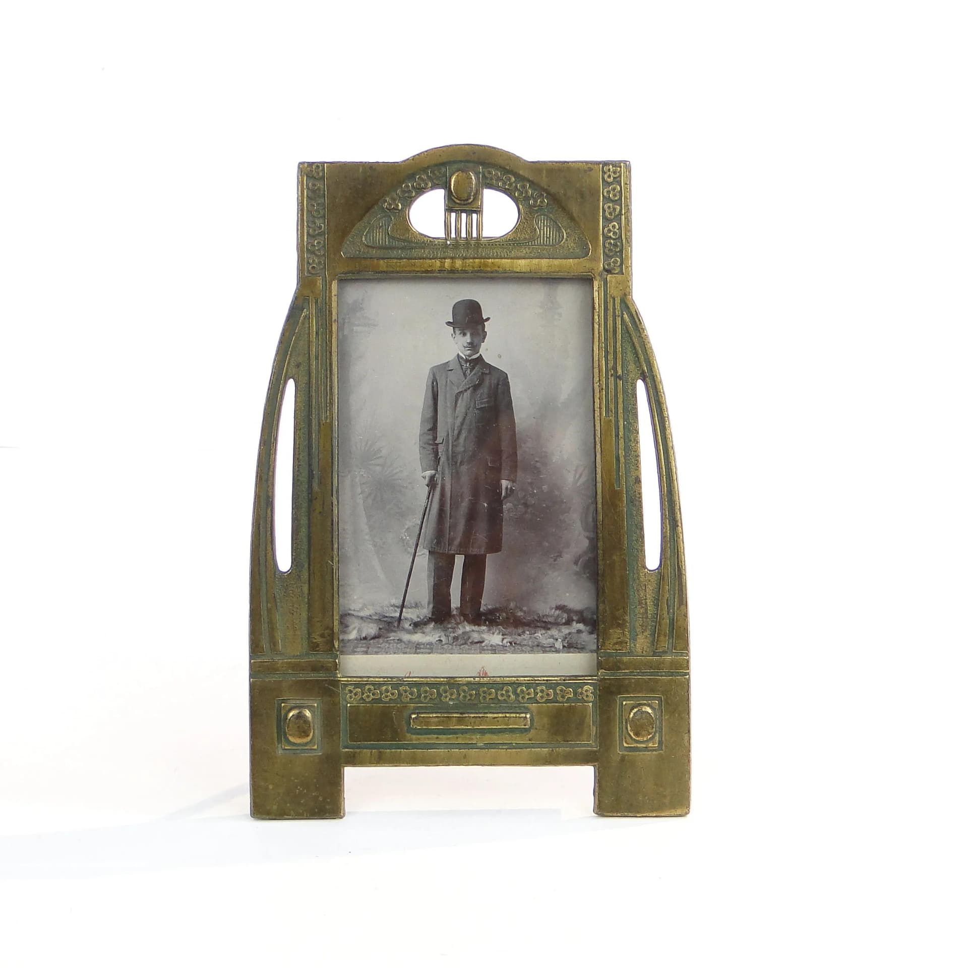 Photo frame, Art Nouveau, gilded pewter steel golden, Poland, early 20th c. - 35573