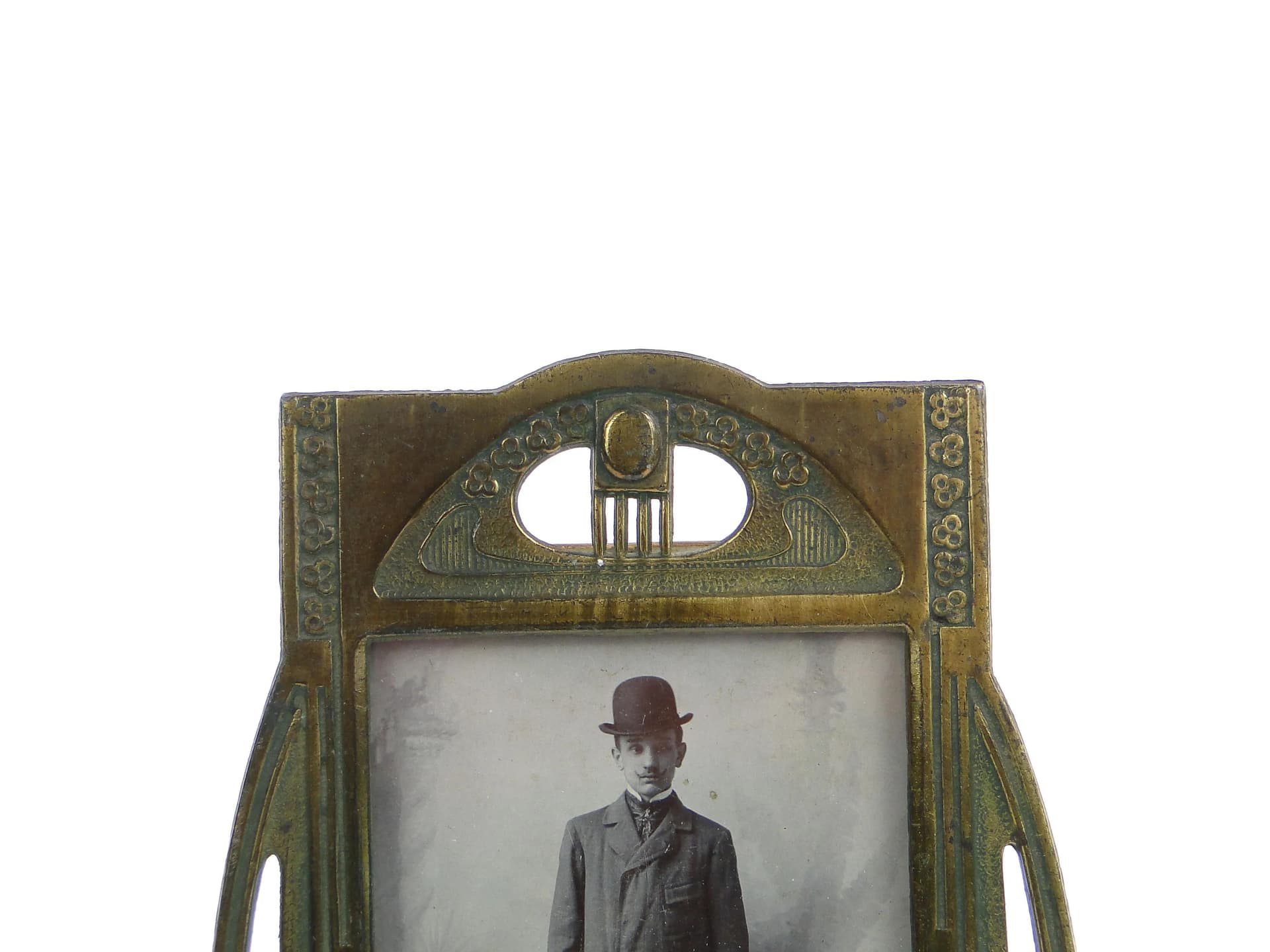 Photo frame, Art Nouveau, gilded pewter steel golden, Poland, early 20th c. - 35576