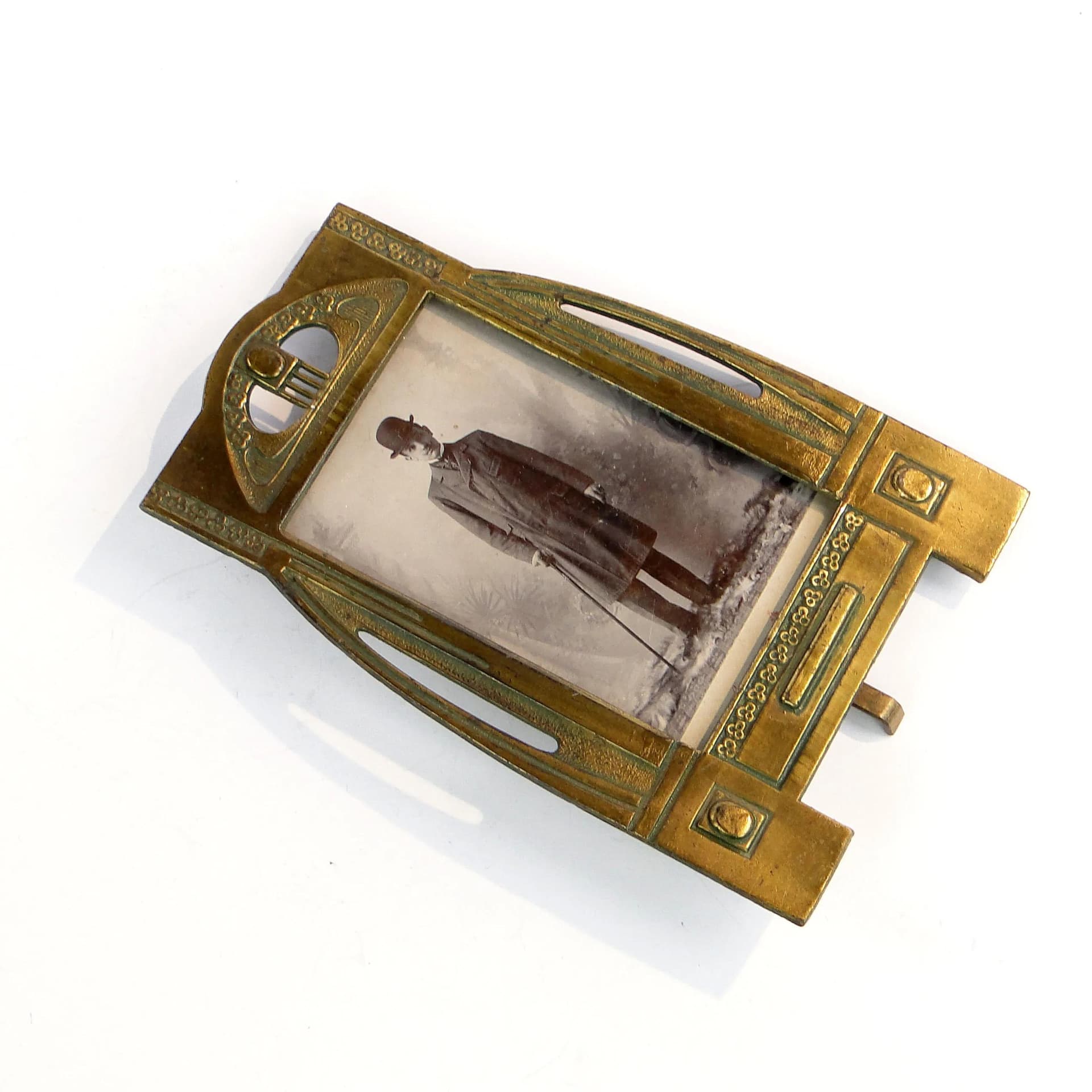 Photo frame, Art Nouveau, gilded pewter steel golden, Poland, early 20th c. - 35579