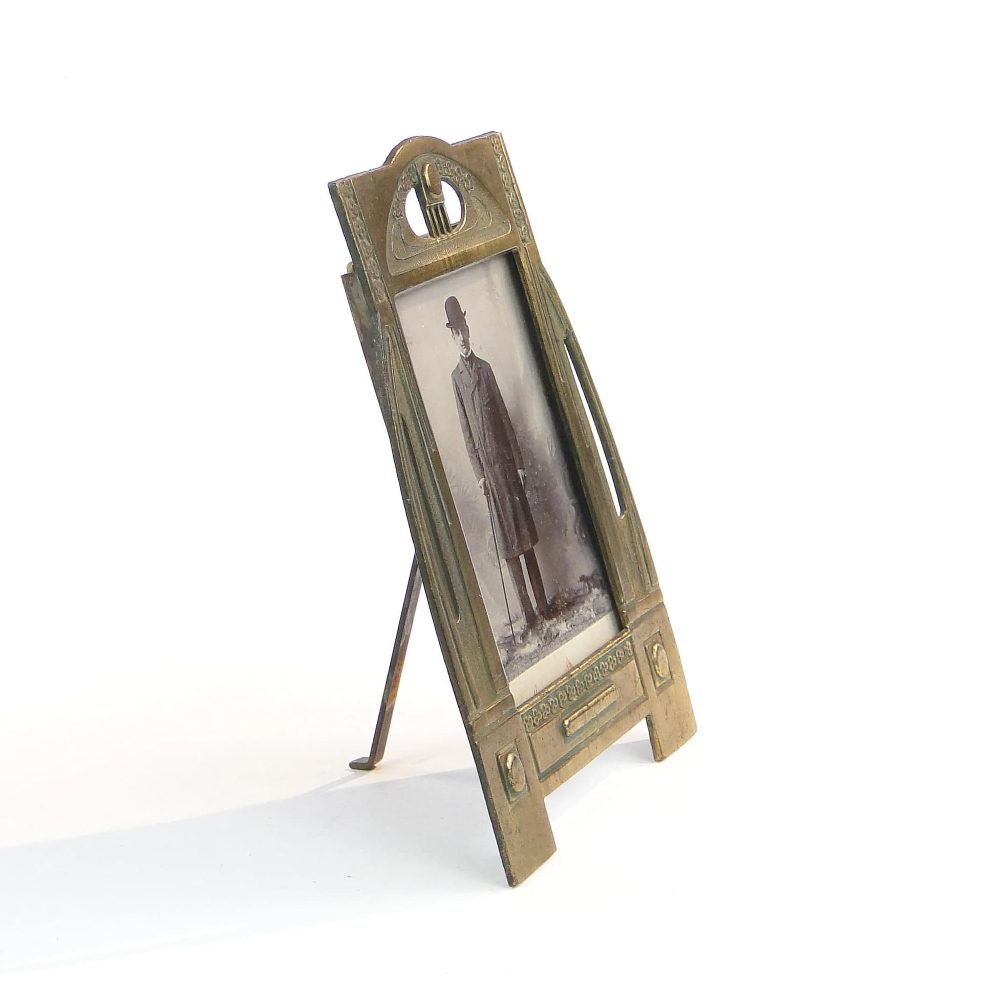Photo frame, Art Nouveau, gilded pewter steel golden, Poland, early 20th c. - 35574
