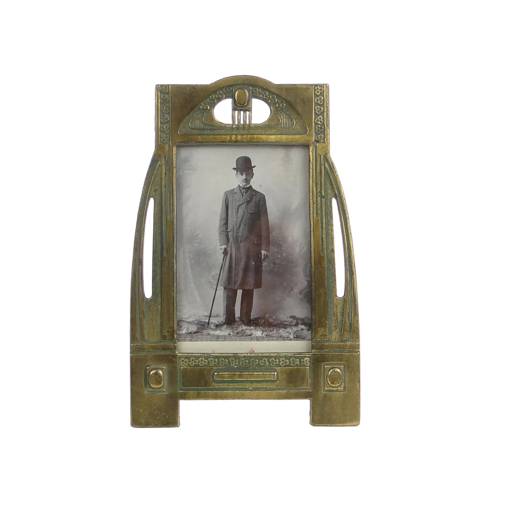 Photo frame, Art Nouveau, gilded pewter steel golden, Poland, early 20th c.