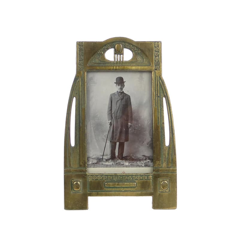 Photo frame, Art Nouveau, gilded pewter steel golden, Poland, early 20th c.