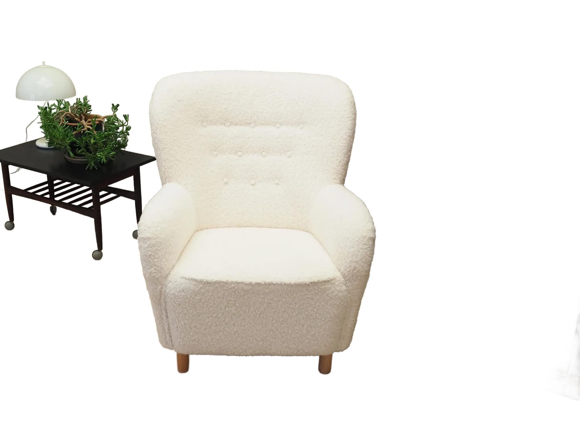 Armchair Scandinavian, white fabric, beech, Denmark, 1950s - 35629