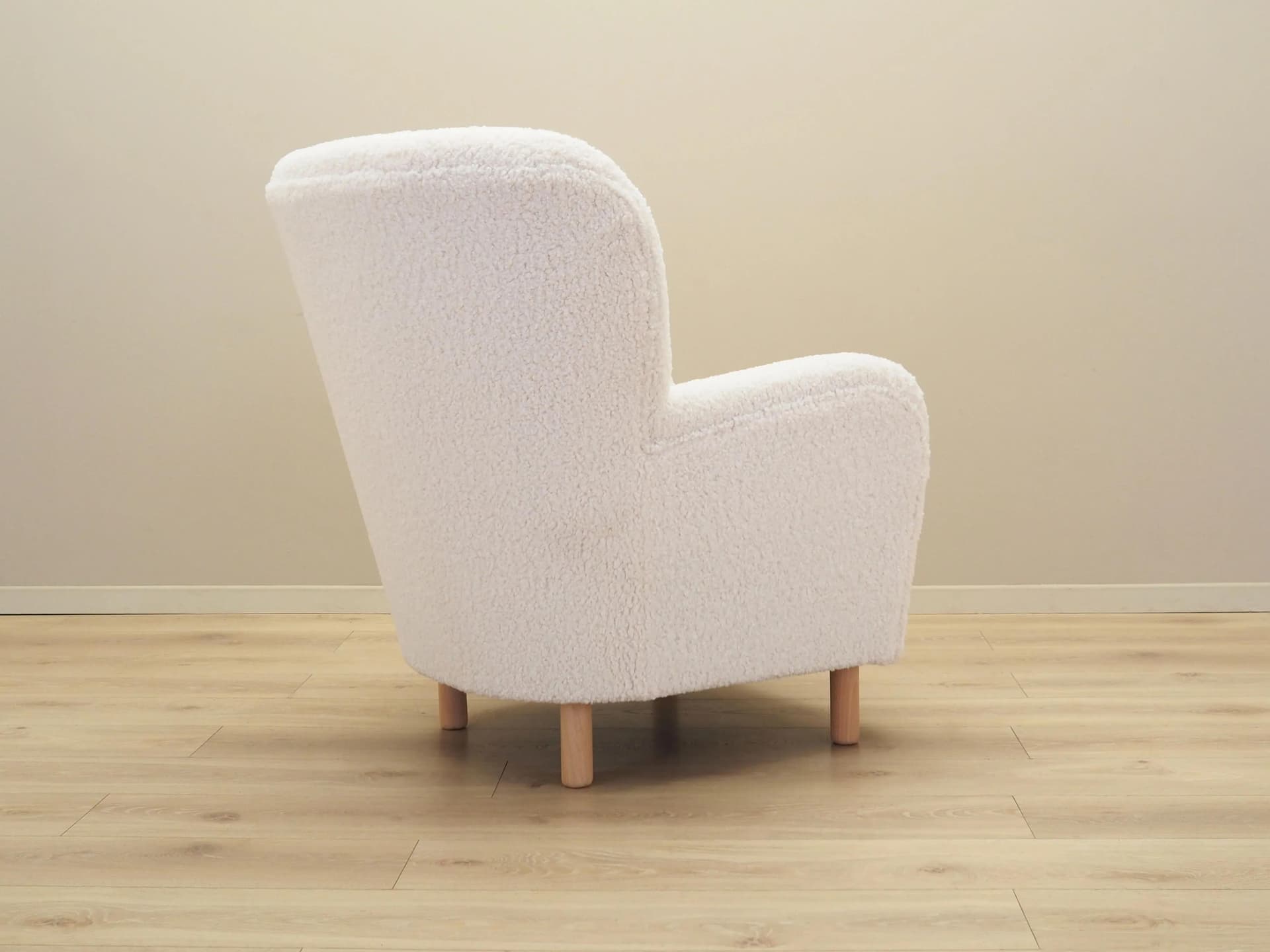 Armchair Scandinavian, white fabric, beech, Denmark, 1950s - 35634