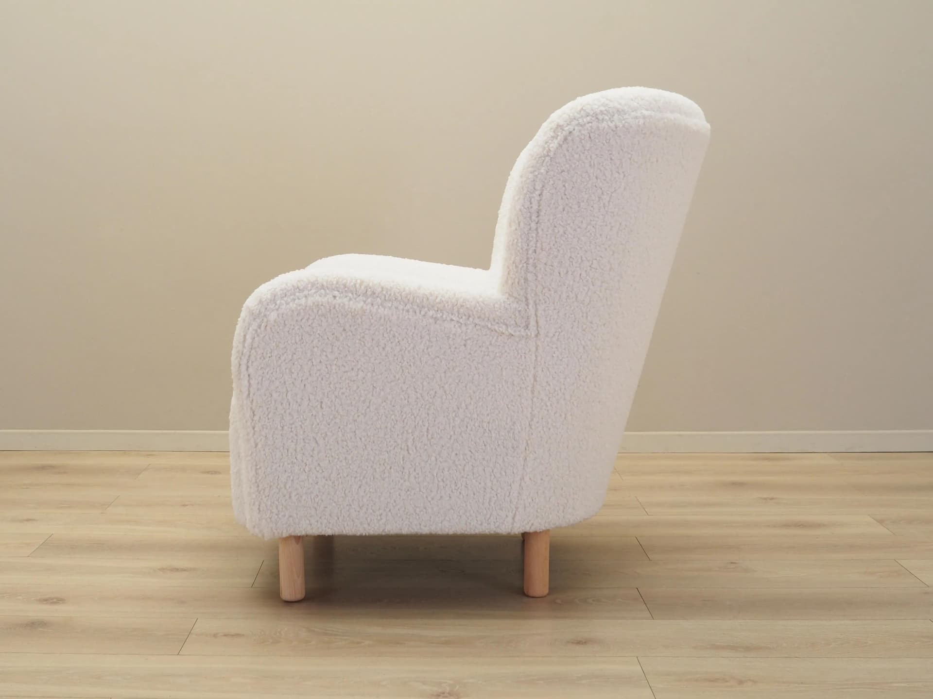 Armchair Scandinavian, white fabric, beech, Denmark, 1950s - 35632
