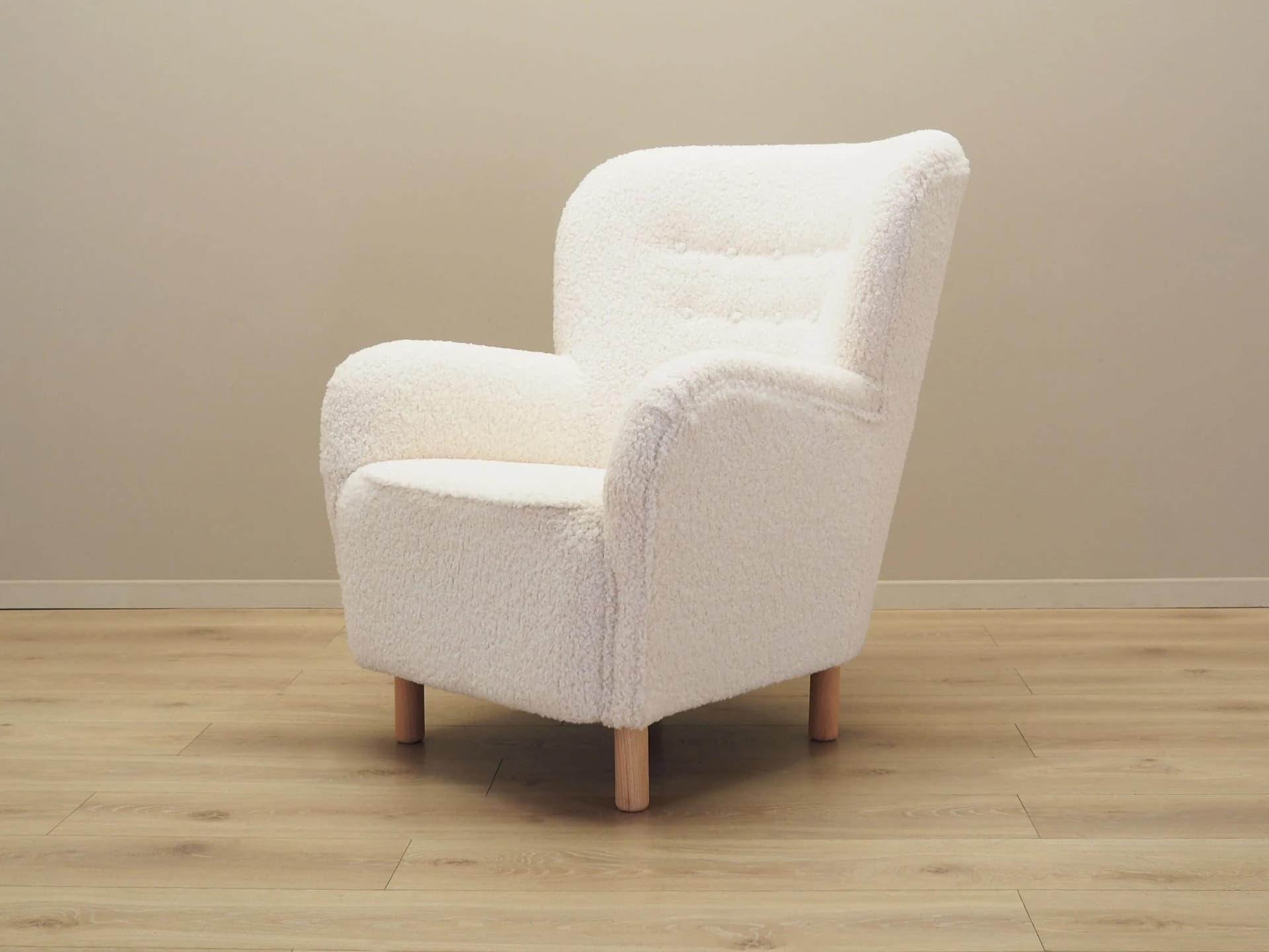 Armchair Scandinavian, white fabric, beech, Denmark, 1950s - 35631