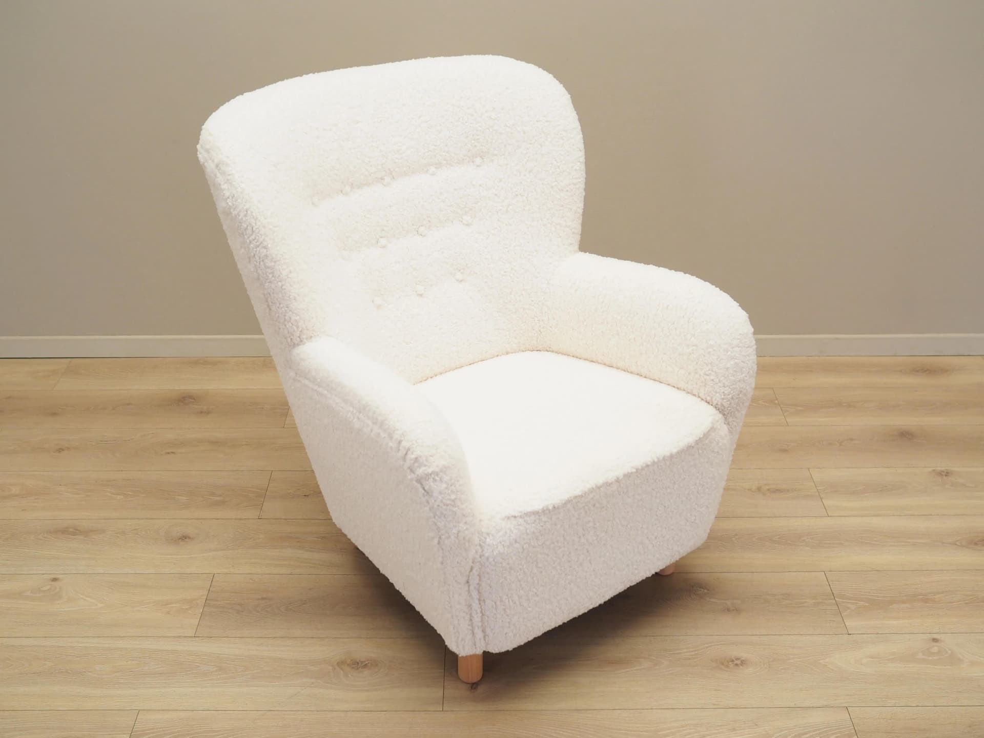 Armchair Scandinavian, white fabric, beech, Denmark, 1950s - 35635