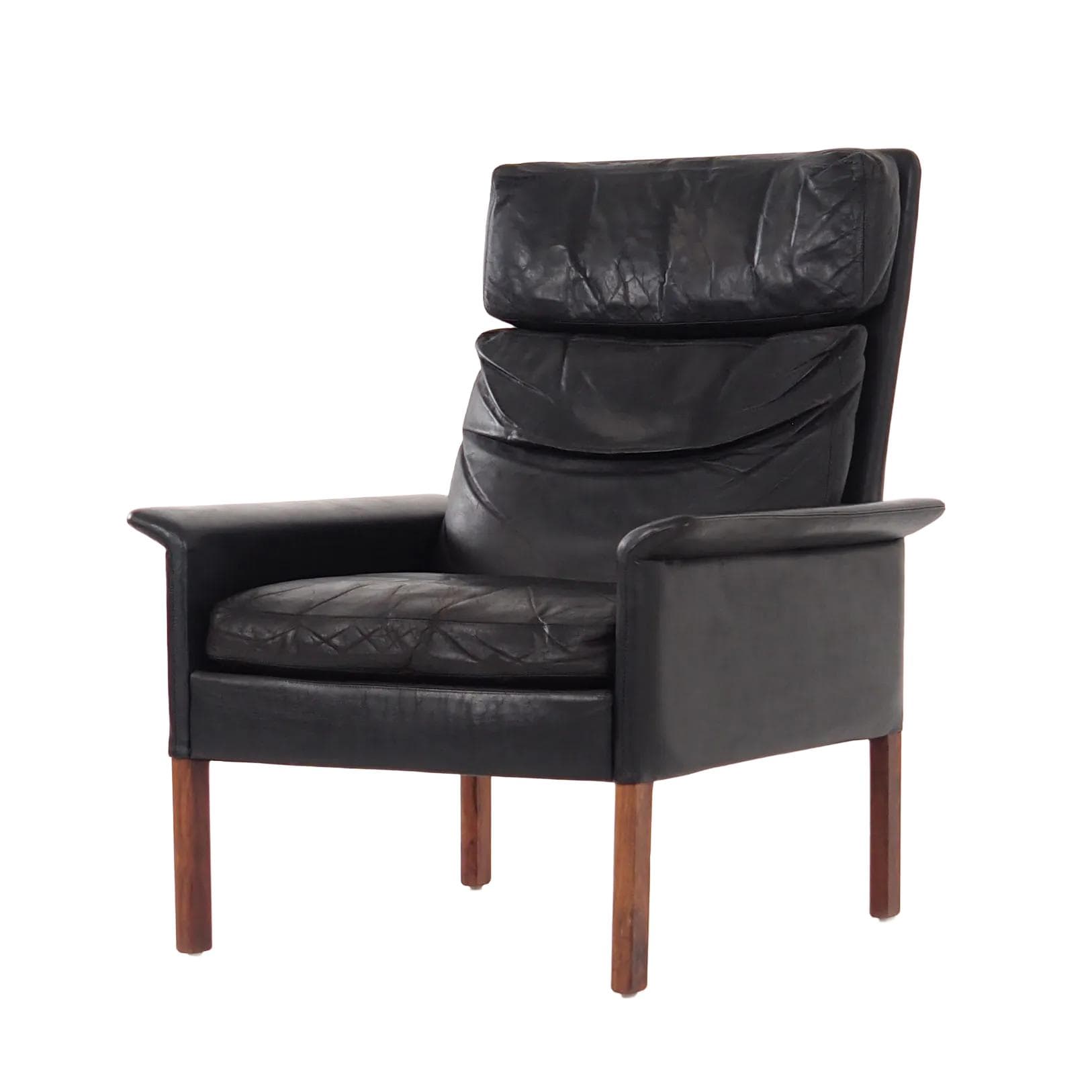 Armchair, black leather, rosewood, by H. Olsen, Denmark, 1960s