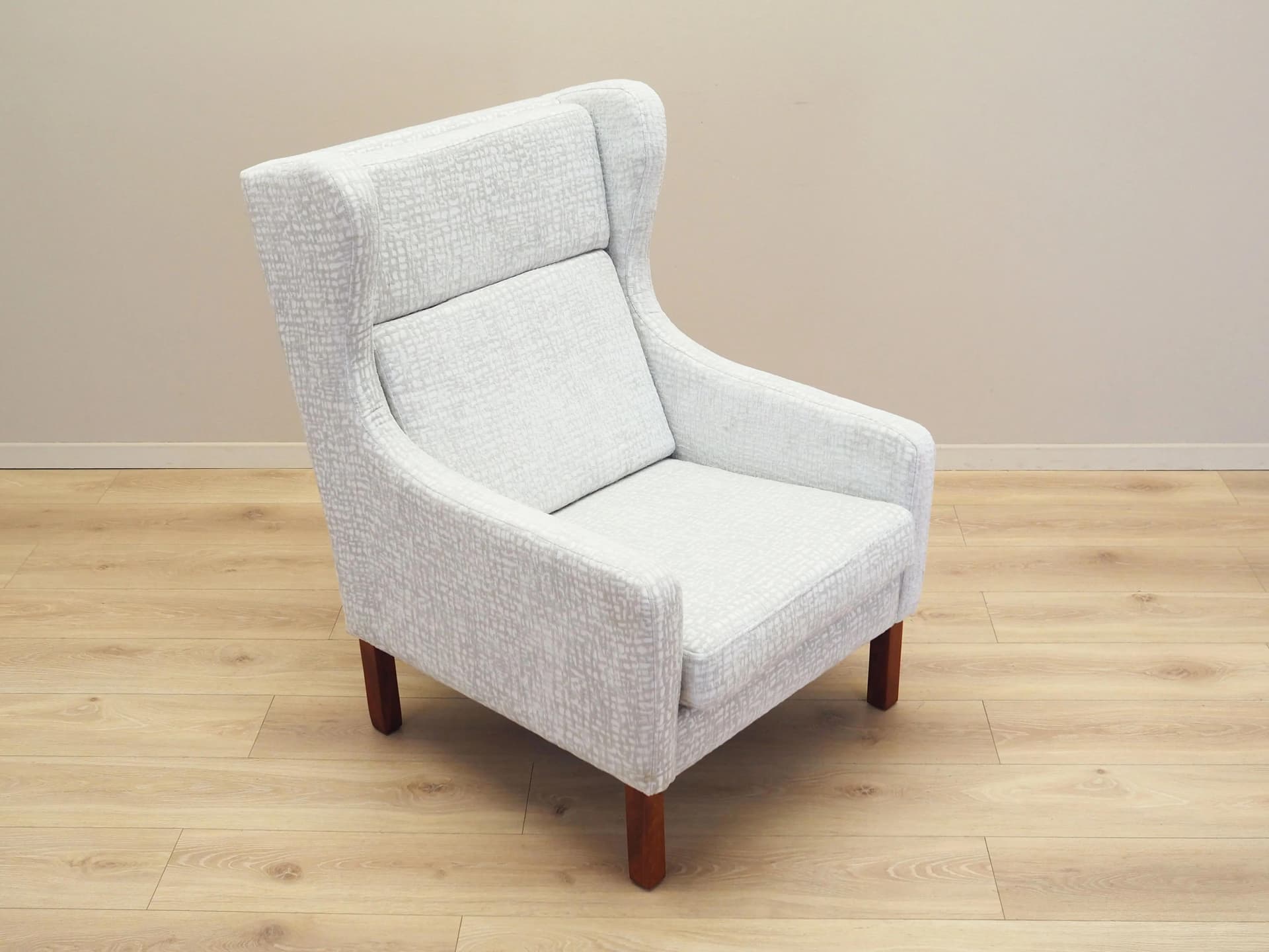 Lounge chair, white grey fabric, brown beech, Denmark, 1960s. - 35833