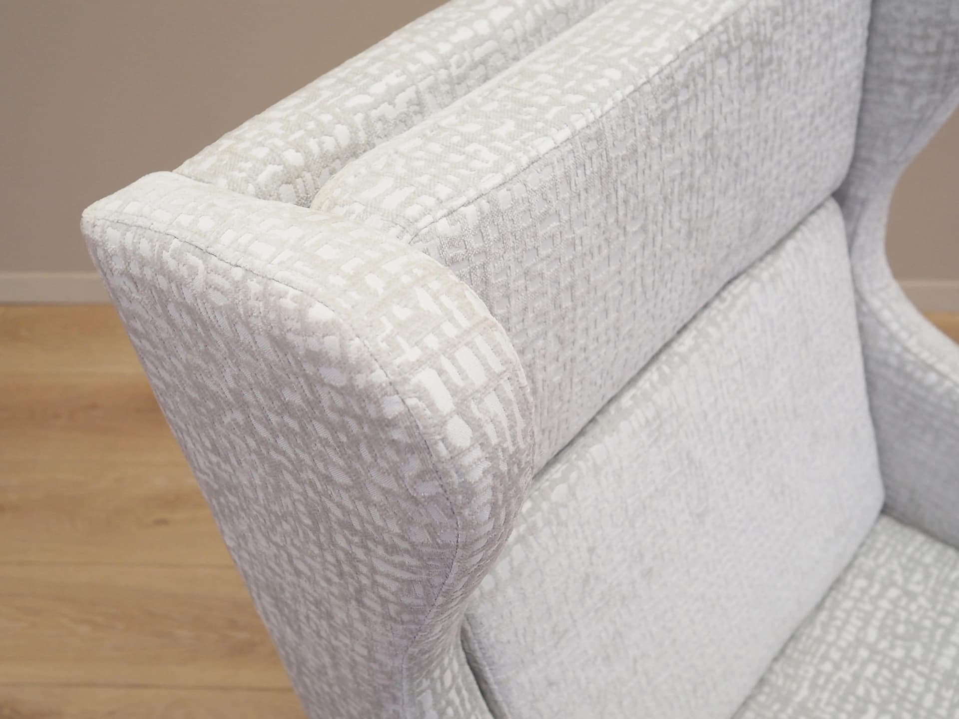 Lounge chair, white grey fabric, brown beech, Denmark, 1960s. - 35834