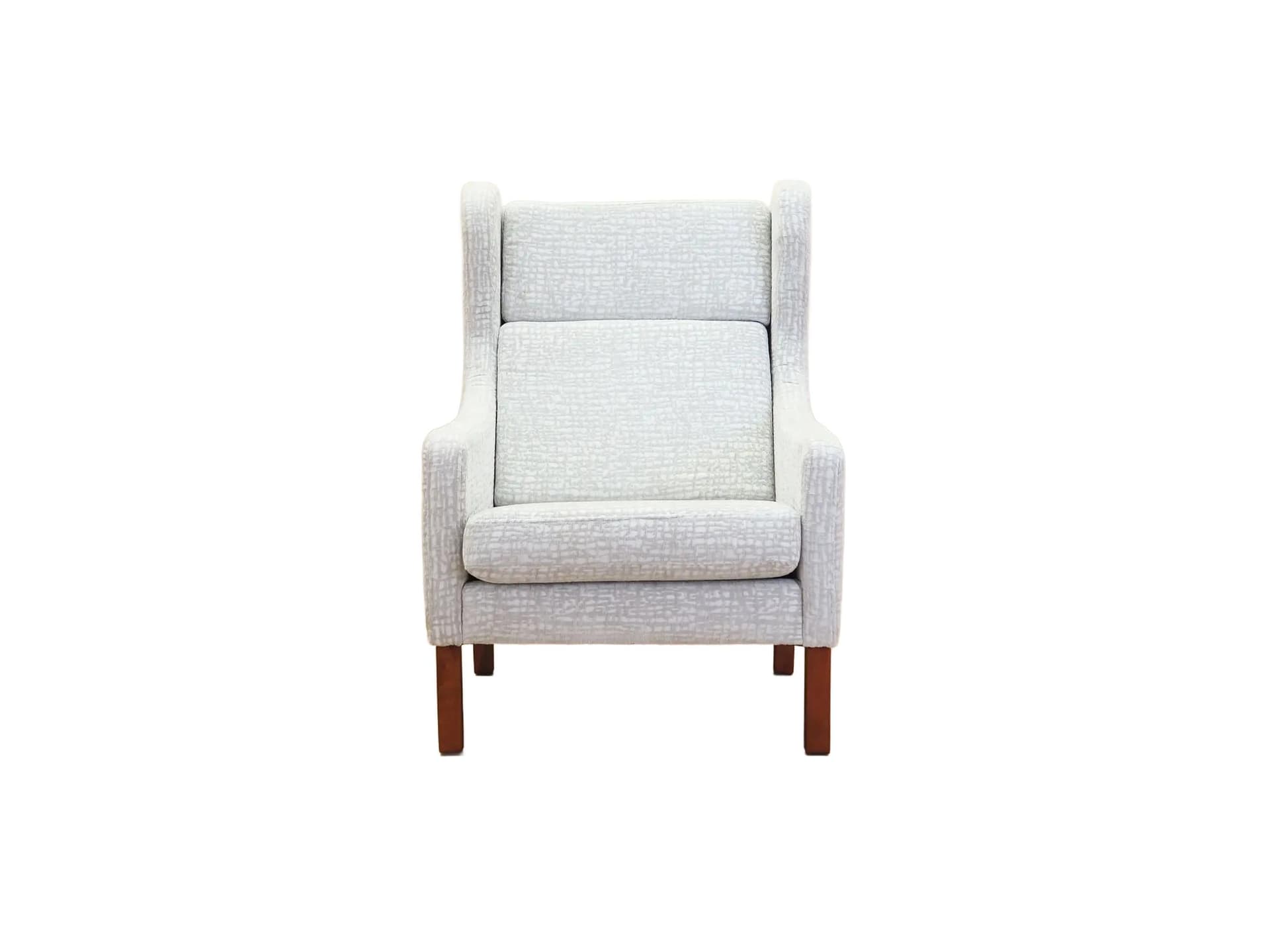 Lounge chair, white grey fabric, brown beech, Denmark, 1960s.