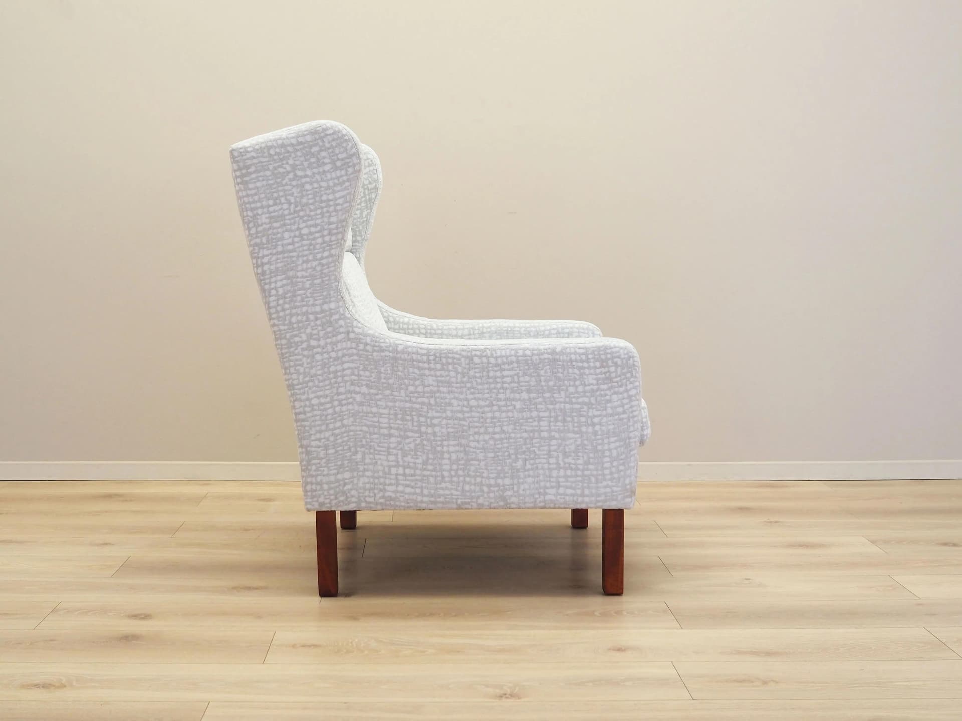 Lounge chair, white grey fabric, brown beech, Denmark, 1960s. - 35832
