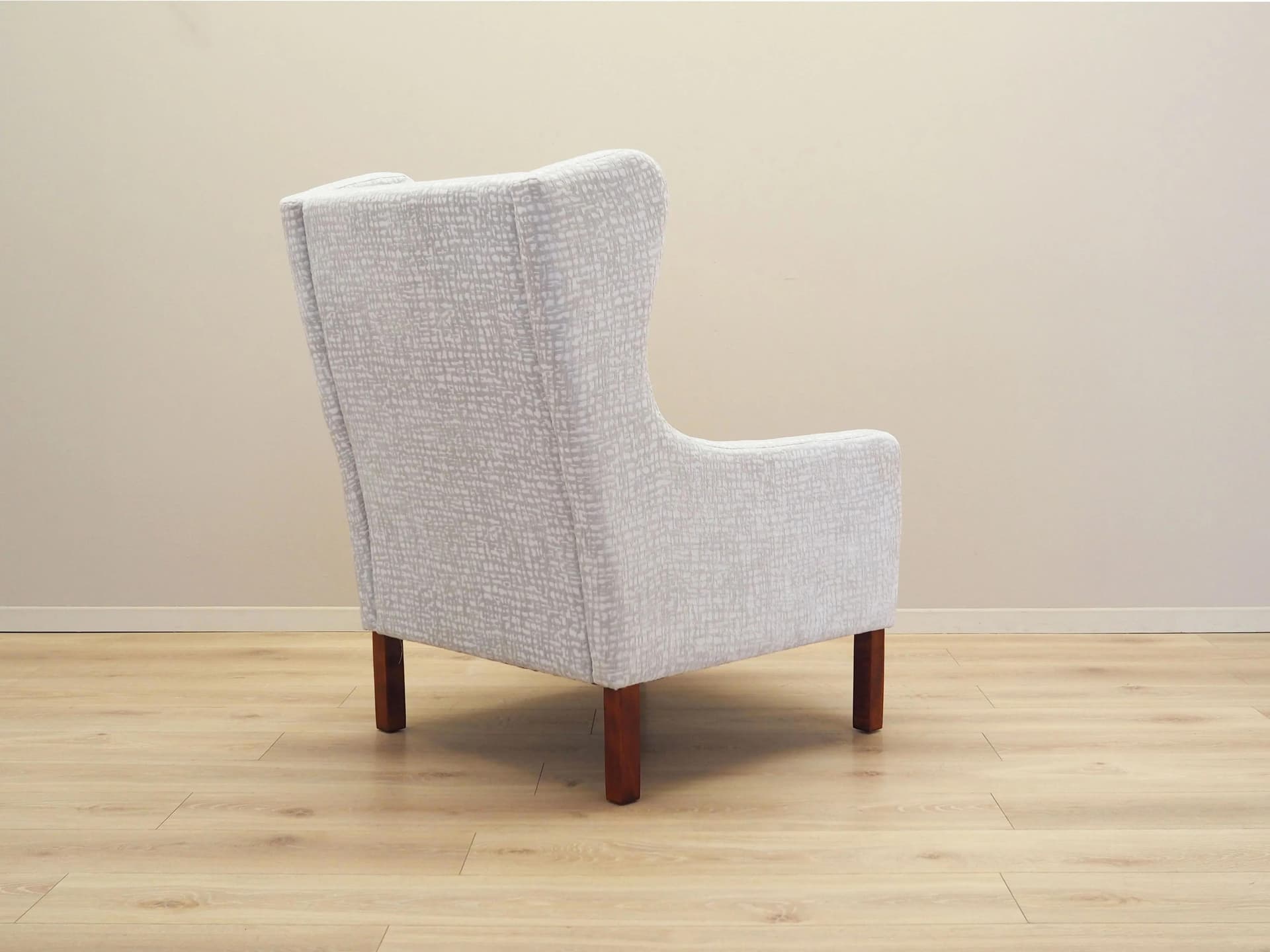 Lounge chair, white grey fabric, brown beech, Denmark, 1960s. - 35831