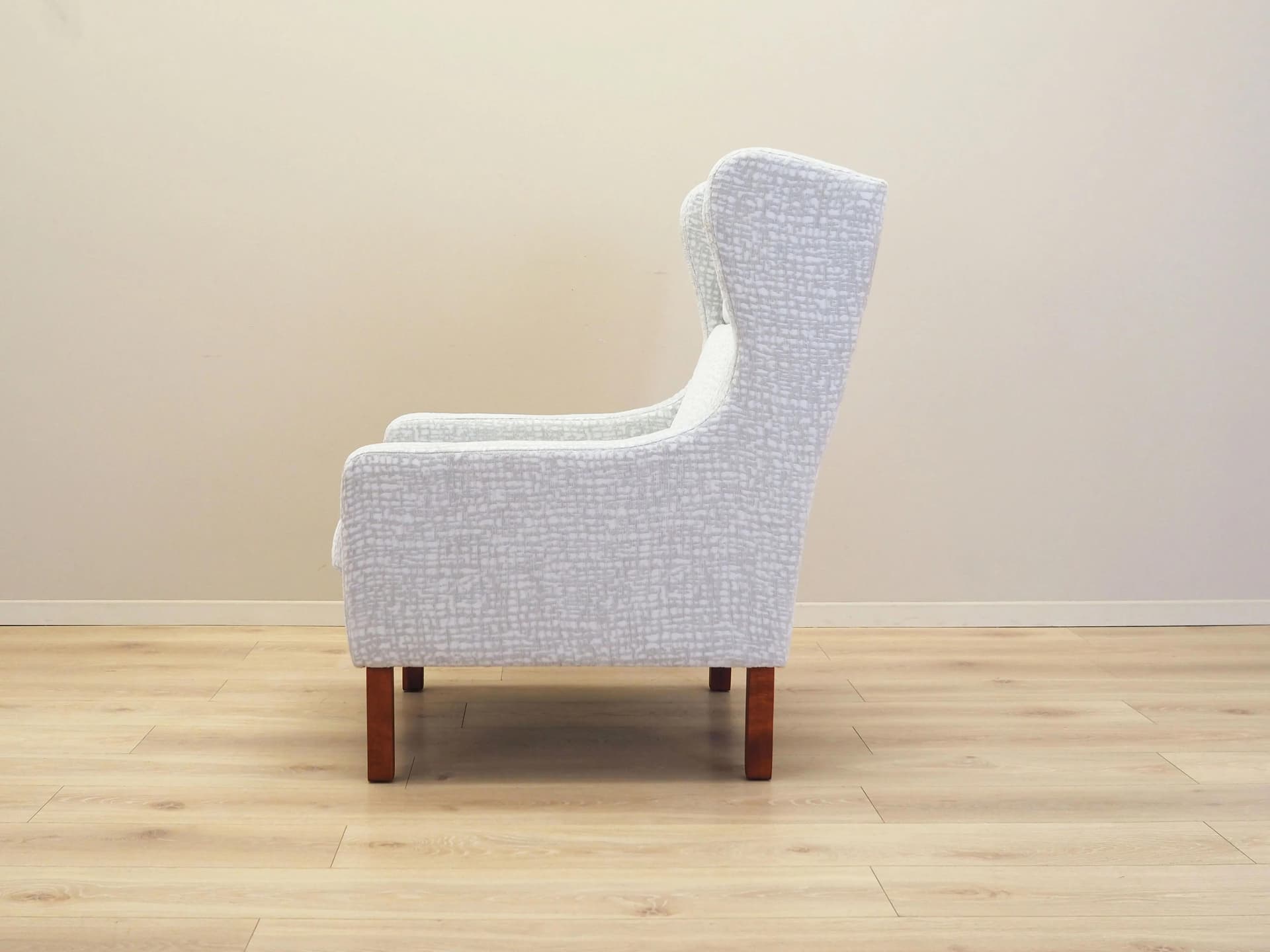 Lounge chair, white grey fabric, brown beech, Denmark, 1960s. - 35828