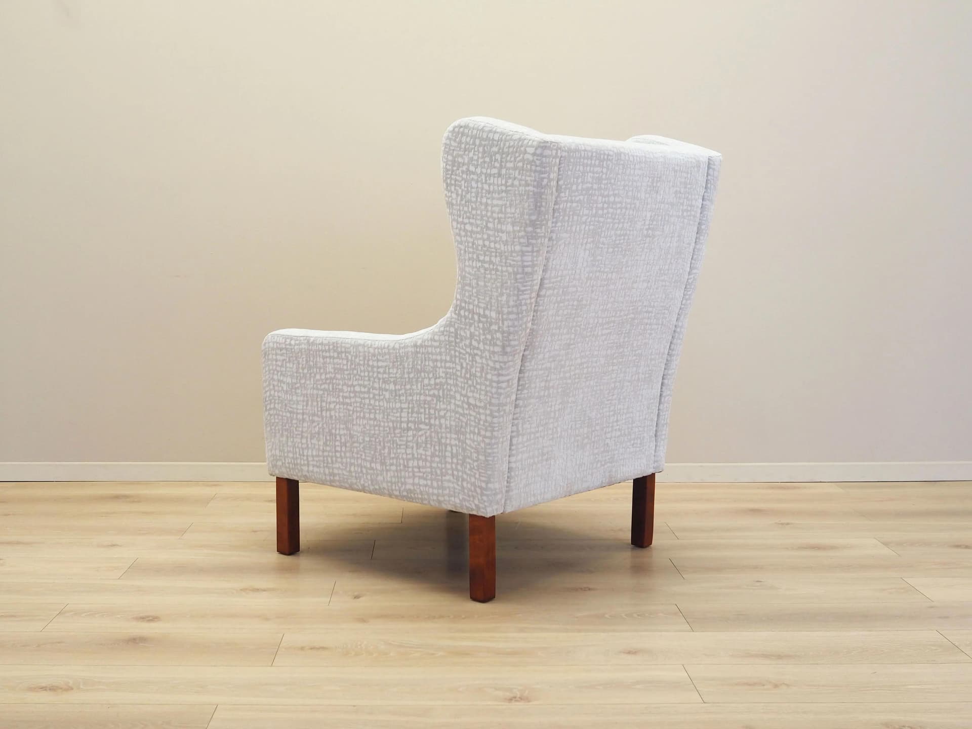 Lounge chair, white grey fabric, brown beech, Denmark, 1960s. - 35829