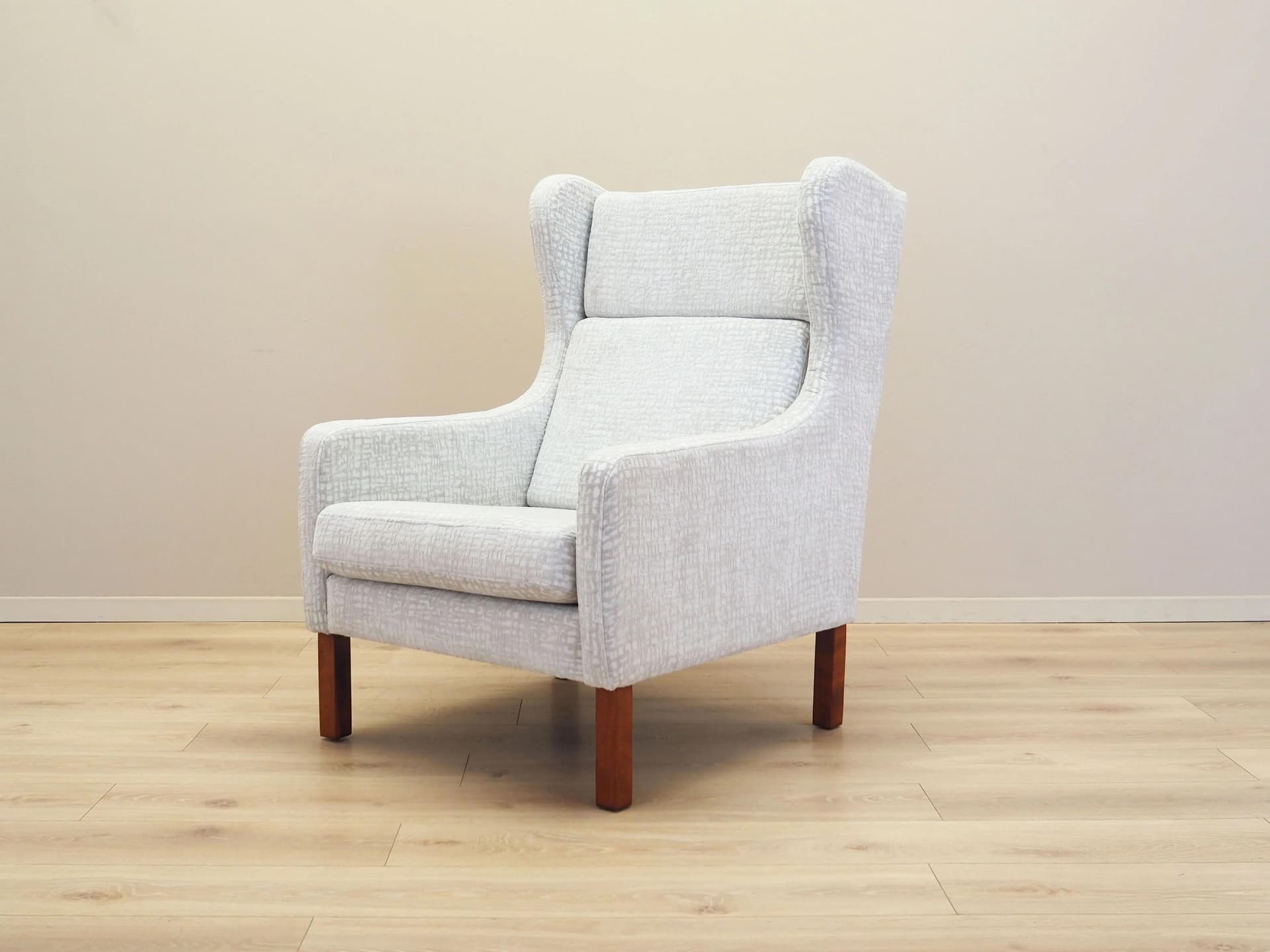 Lounge chair, white grey fabric, brown beech, Denmark, 1960s. - 35827