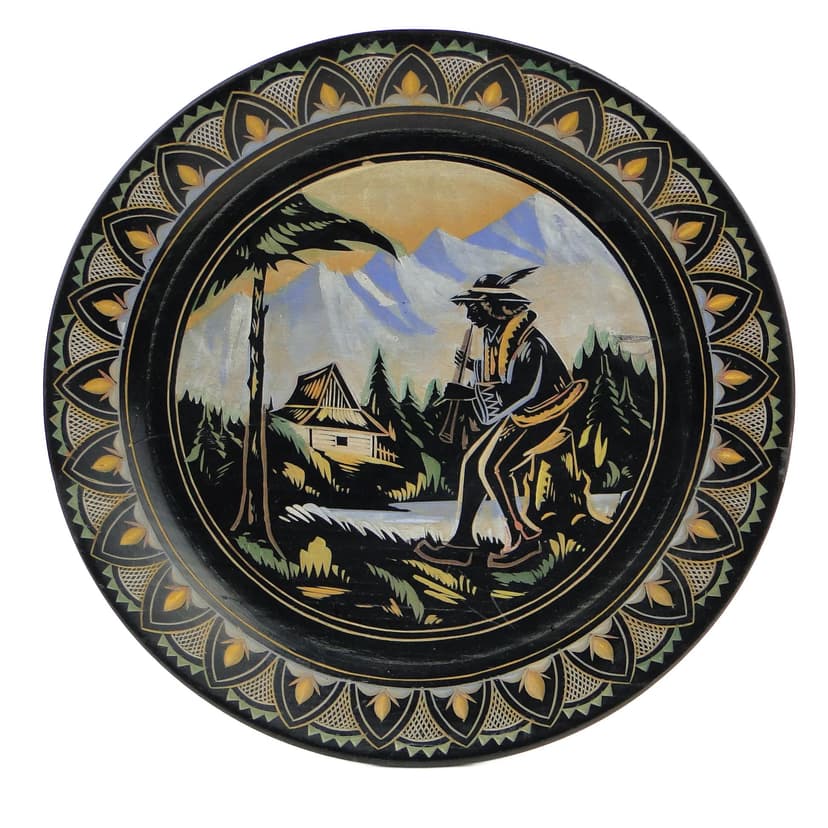 Decorative Plate, Zakopane School, black, wood, Poland, 1920s.