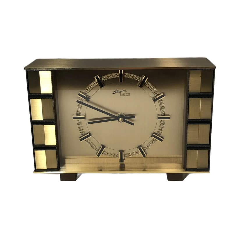 Zegar kominkowy Art Deco, złoty, mosiądz, Niemcy, lata 70.