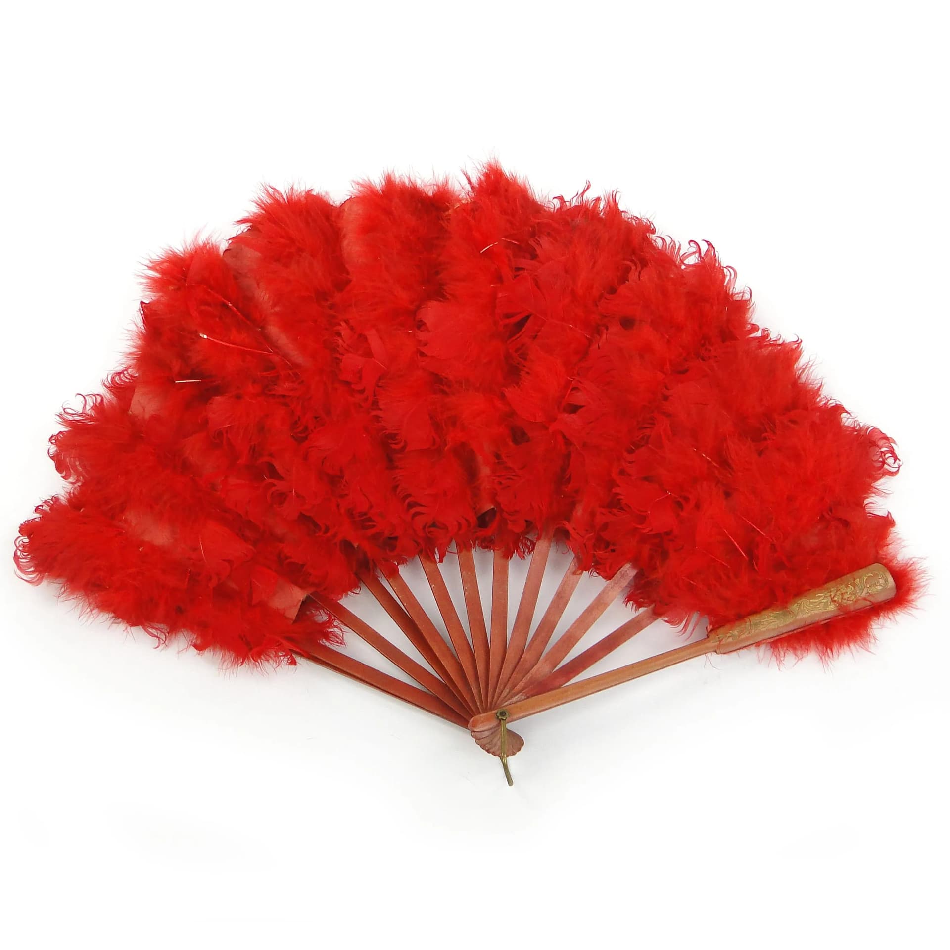 Wachlarz secesyjny, czerwony, pióra papier drewno mahoń, Austro-Węgry, początek XX w. - 36316