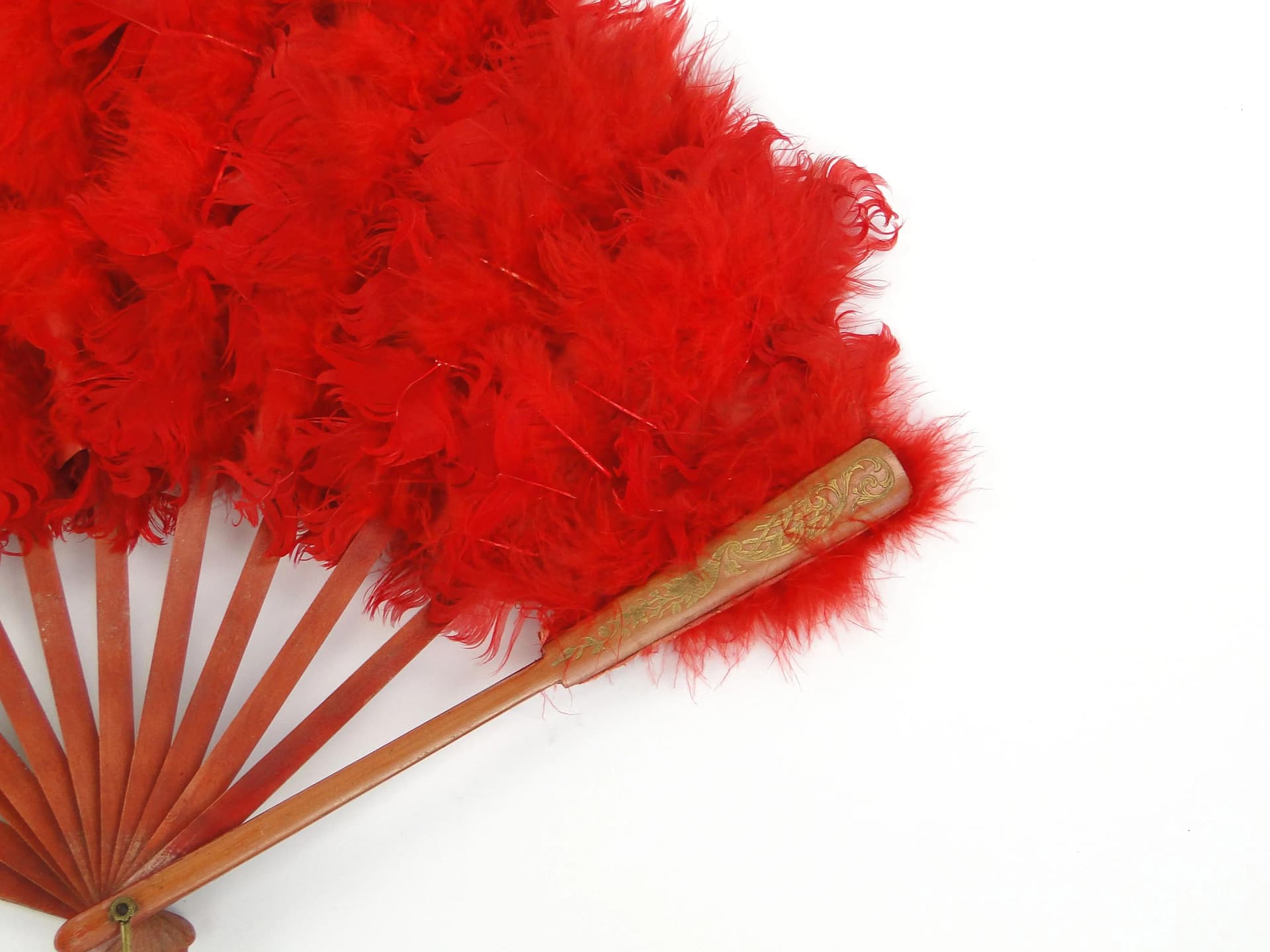 Wachlarz secesyjny, czerwony, pióra papier drewno mahoń, Austro-Węgry, początek XX w. - 36318