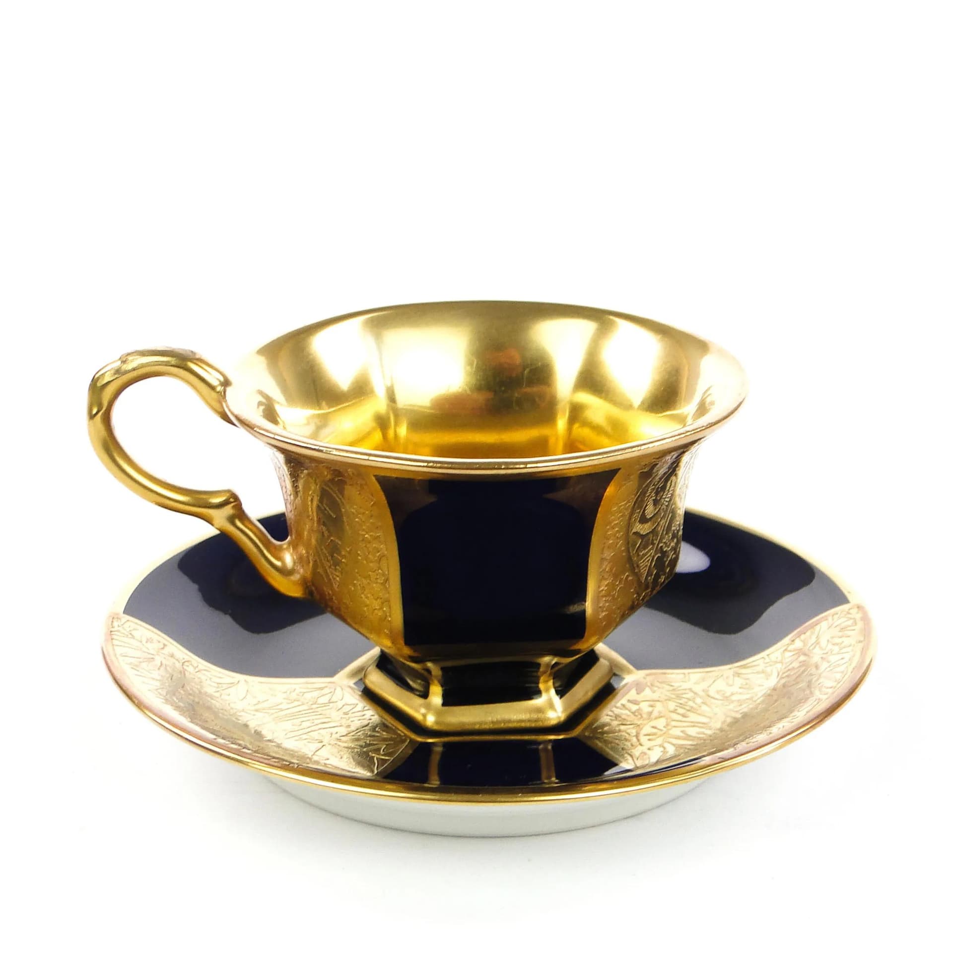 Filiżanka do mokki Art deco, porcelana granatowa złocona, Schlaggenwald, Czechosłowacja, lata 20. - 36473