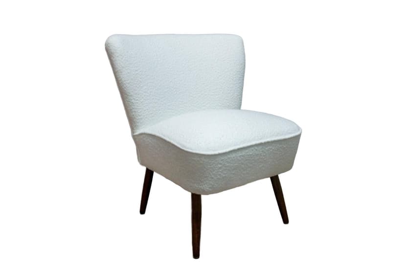 Biały fotel koktajlowy bouclé, styl mid-century modern, lata 50.