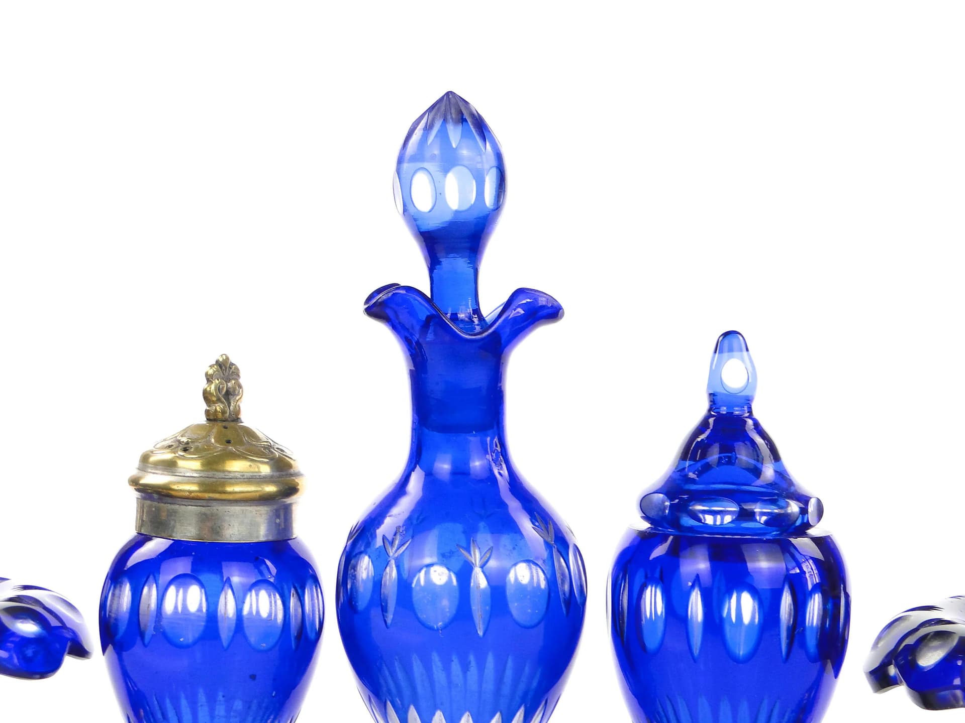 Zestaw naczyń Biedermeier, szkło kobaltowe, mosiądz srebrzony, Dania, początek XX w. - 36922