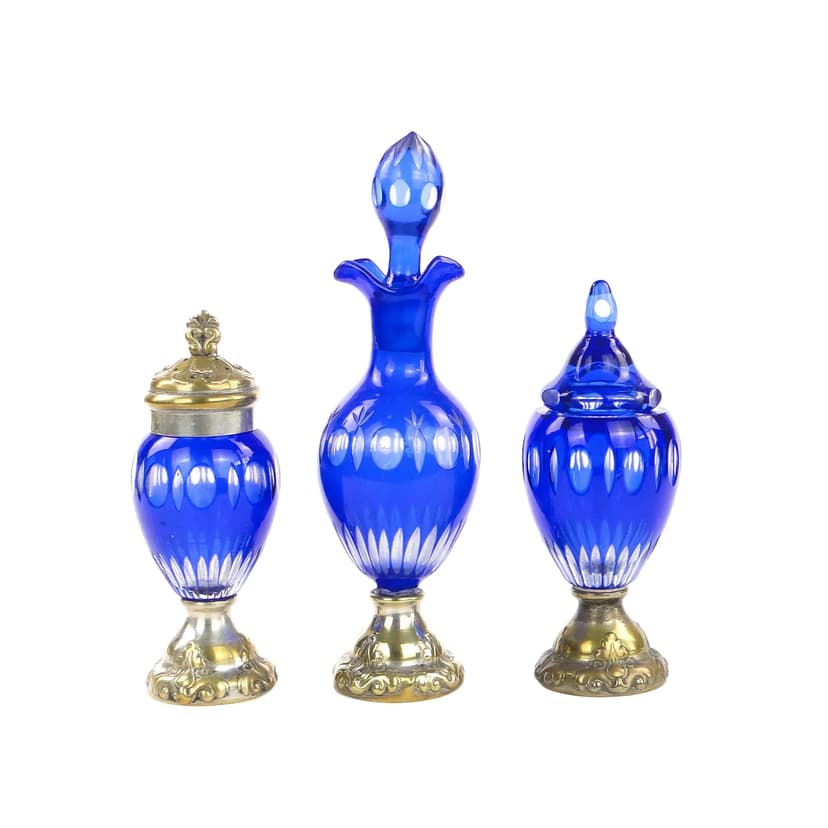 Tableware Set Biedermeier, cobalt glass, silver-plated brass, Denmark, early 20th c.