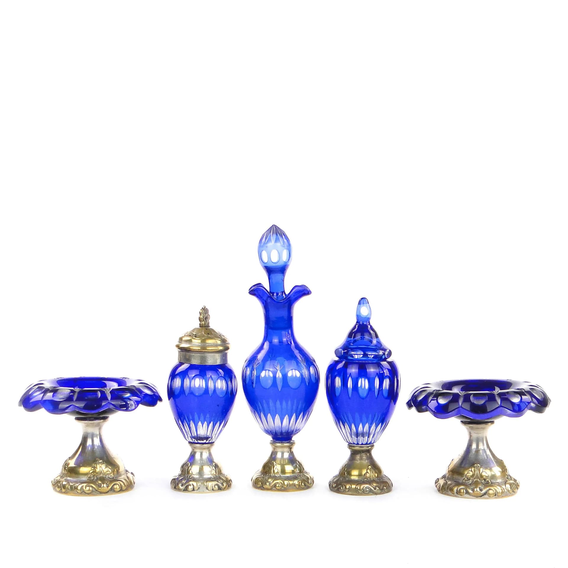 Zestaw naczyń Biedermeier, szkło kobaltowe, mosiądz srebrzony, Dania, początek XX w. - 36919