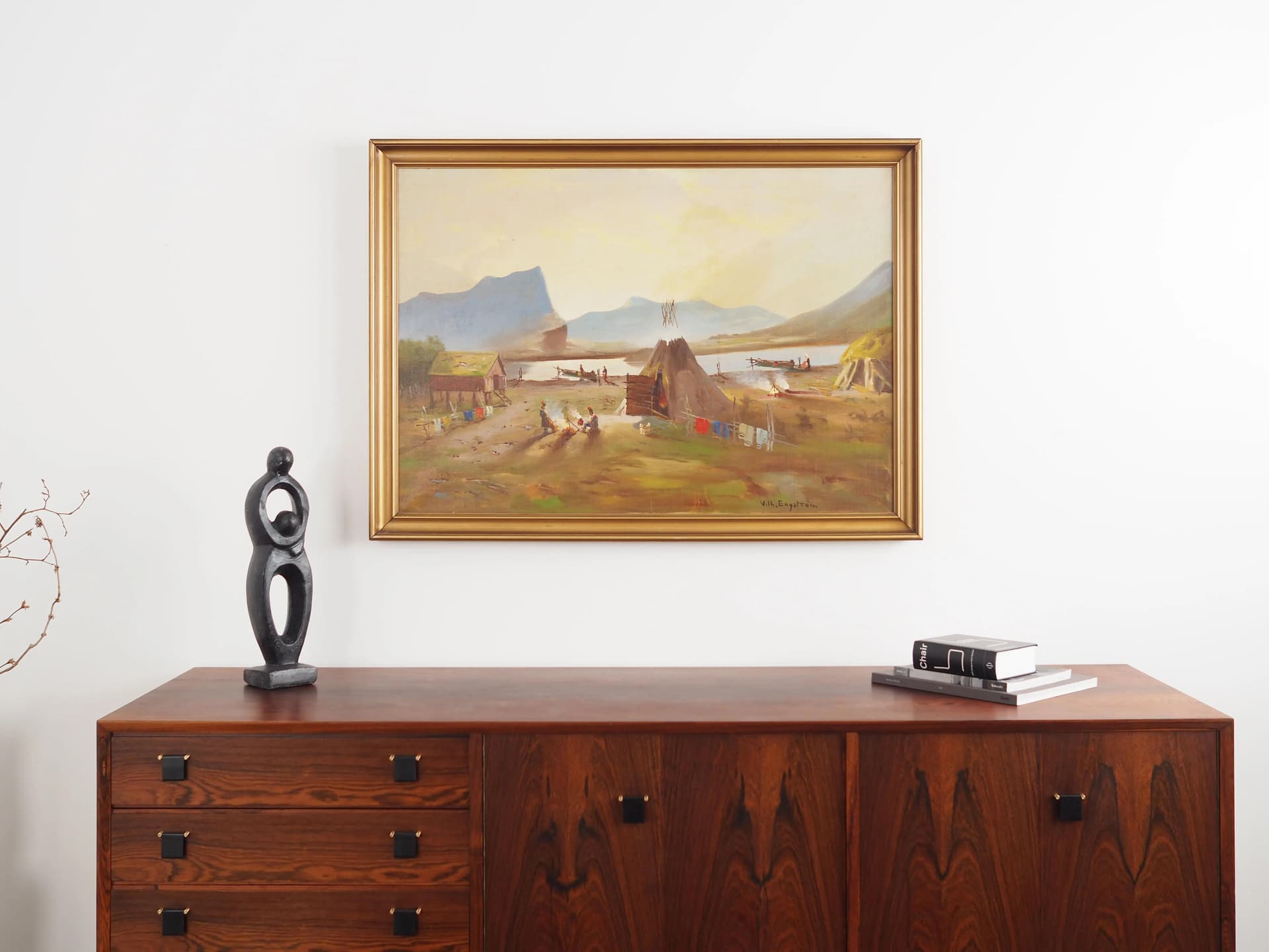 Obraz, Obóz nad rzeką, żółty, olej na płótnie, aut. V. O. Engström, Szwecja, XIX wiek - 36958