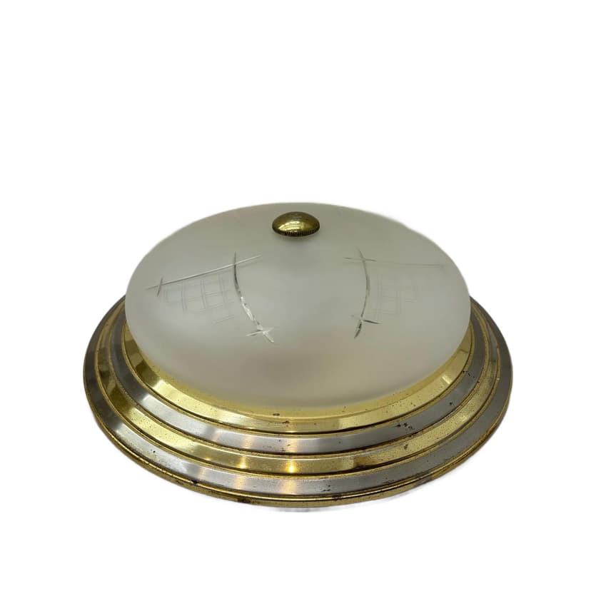 Gilded Steel and Etched Glass Wall or Ceiling Lamp, Germany, 1980s