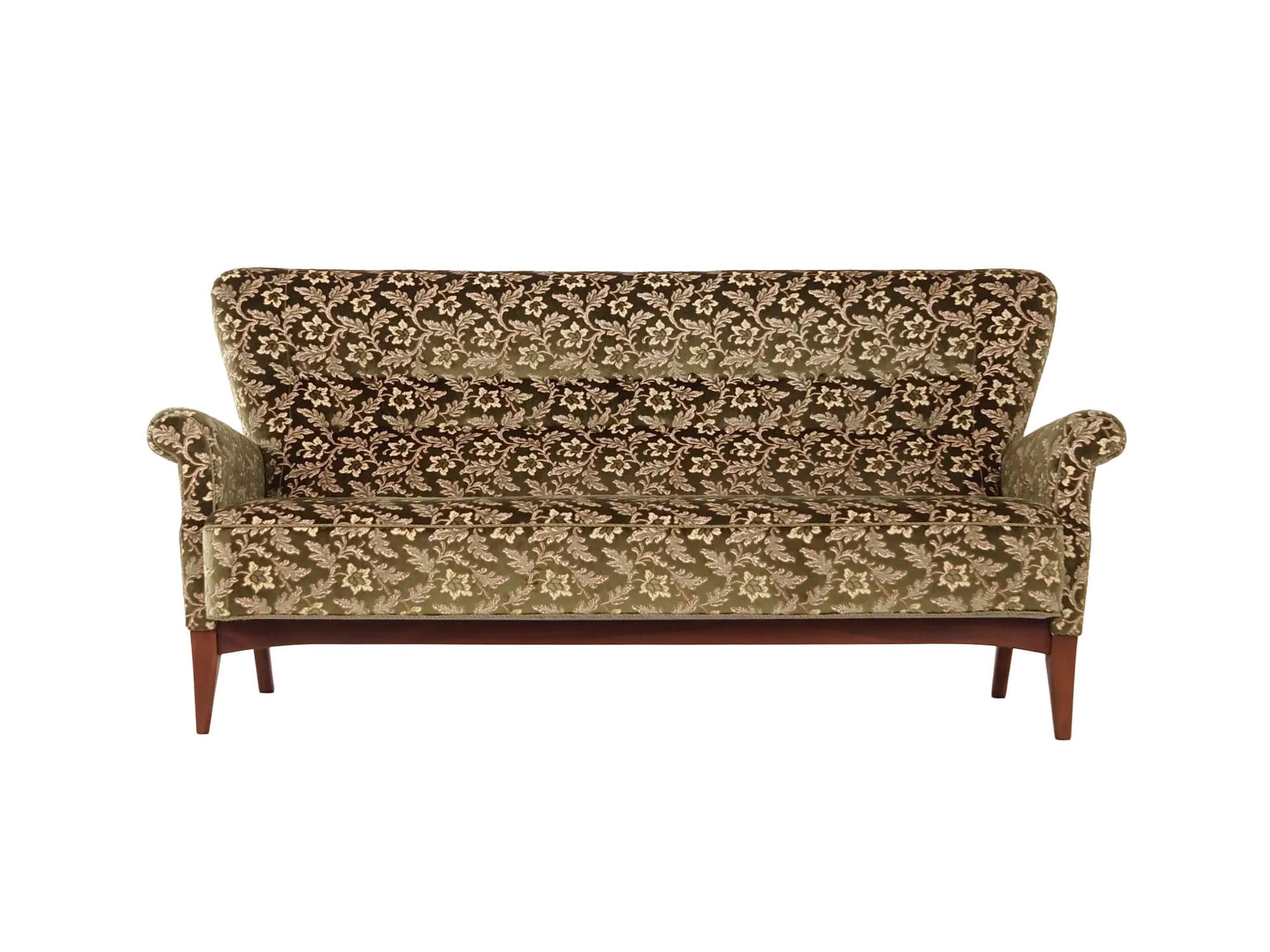 Sofa, green velvet, beech, Fritz Hansen, Denmark, 1960s.