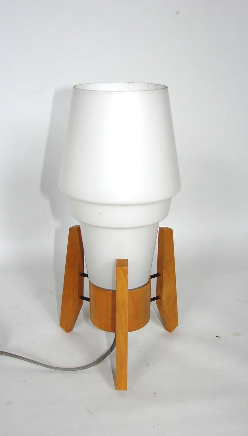 Pendant lamp, Drevo-Humpolec, light wood, white glass, Czechoslovakia, 1970s. - 37702