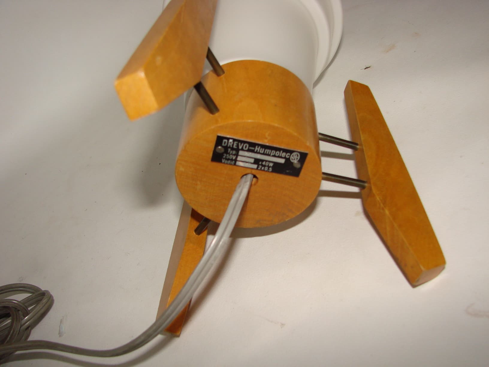 Pendant lamp, Drevo-Humpolec, light wood, white glass, Czechoslovakia, 1970s. - 37701