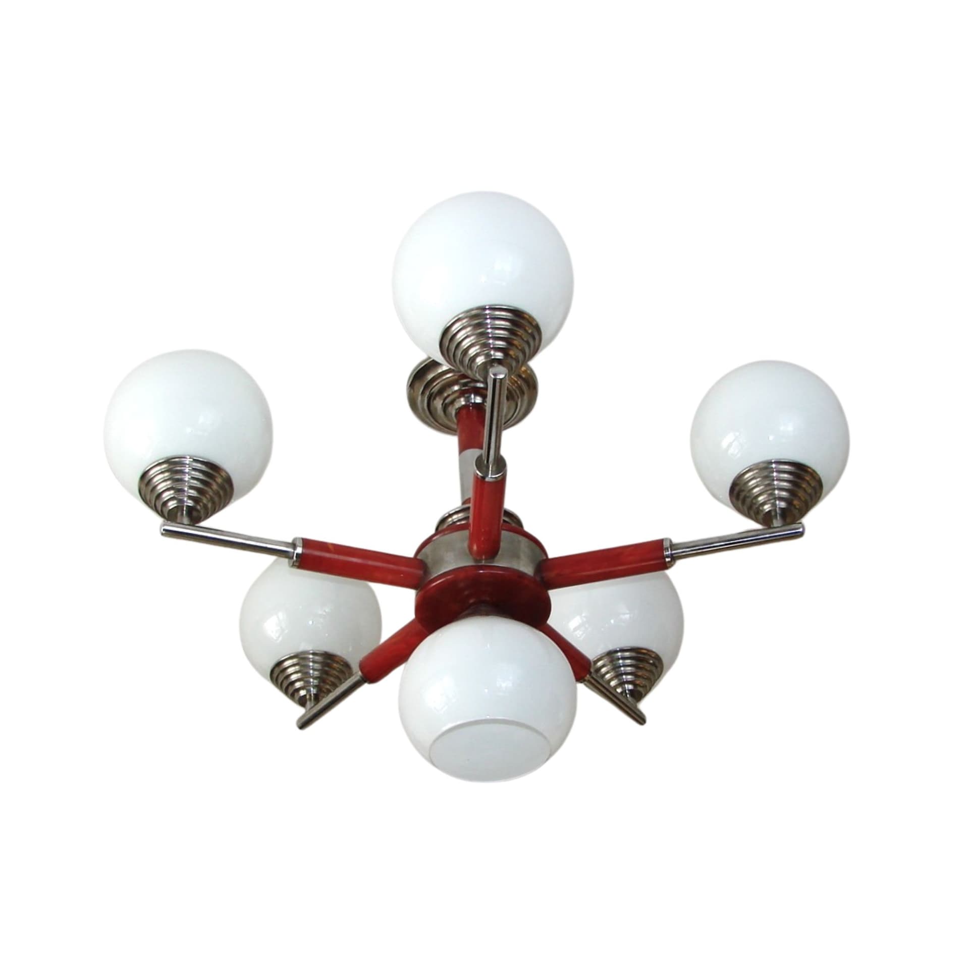 Żyrandol Space Age, bakelit bordowy, metal niklowany, szkło opalowe, lata 70.