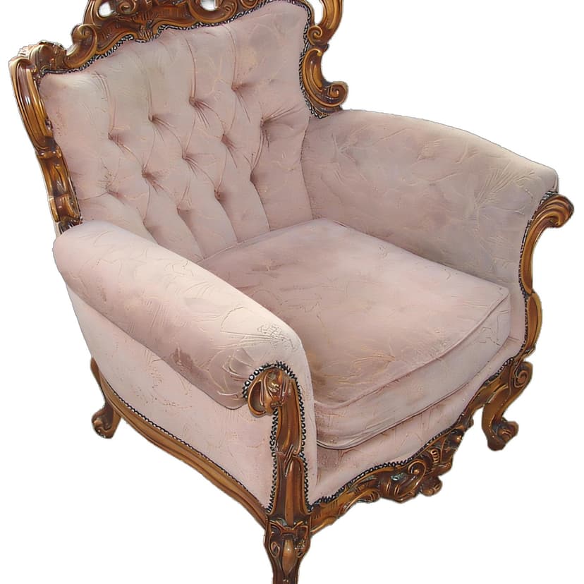 Fotel barokowy, różowy, drewno, Francja, lata 50.