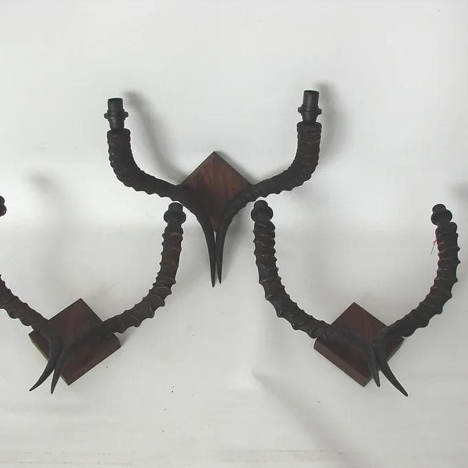 Set of Three Wall Sconces, black, wood, 1970s - 37965
