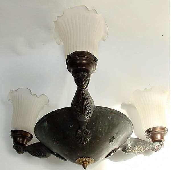 Żyrandol secesyjny, brąz ciemny, mosiądz, szkło, Europa, początek XX w. - 99432