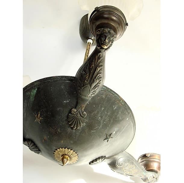 Żyrandol secesyjny, brąz ciemny, mosiądz, szkło, Europa, początek XX w. - 99431