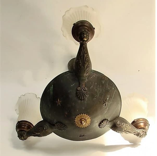 Żyrandol secesyjny, brąz ciemny, mosiądz, szkło, Europa, początek XX w. - 99428