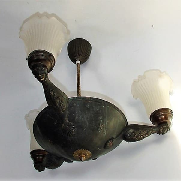 Żyrandol secesyjny, brąz ciemny, mosiądz, szkło, Europa, początek XX w. - 99426