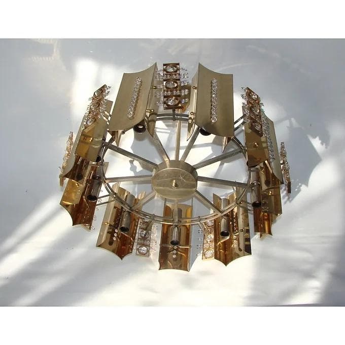 Chandelier, Gaetano Sciolari style, golden brass, crystal, Italy, 1960s. - 37945