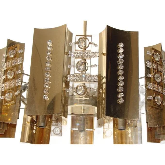 Chandelier, Gaetano Sciolari style, golden brass, crystal, Italy, 1960s.