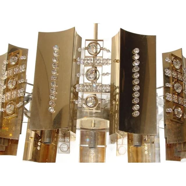 Chandelier, Gaetano Sciolari style, golden brass, crystal, Italy, 1960s. - DIMENSION